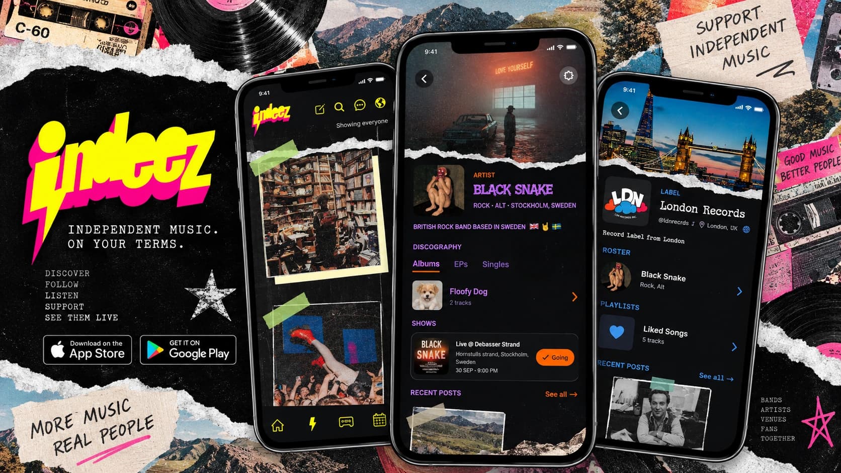 Indeez on three phones: the discovery feed, an artist page, and a record label page.
