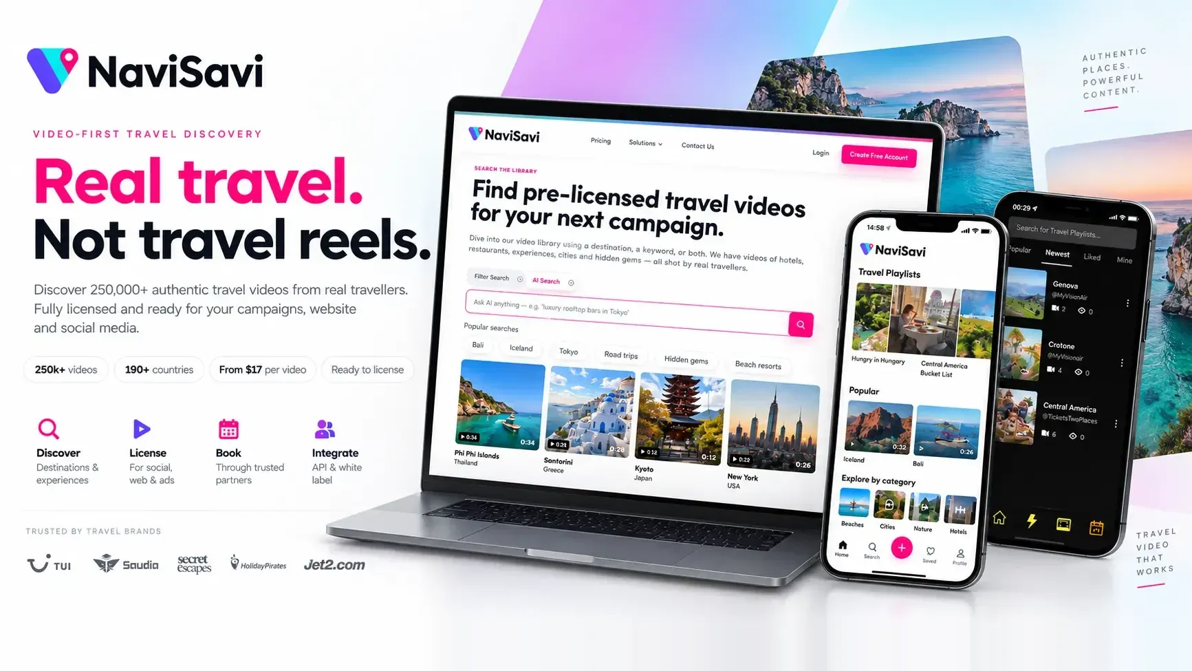 NaviSavi across a laptop and two phones: the licensing library search, the consumer app, and travel playlists.